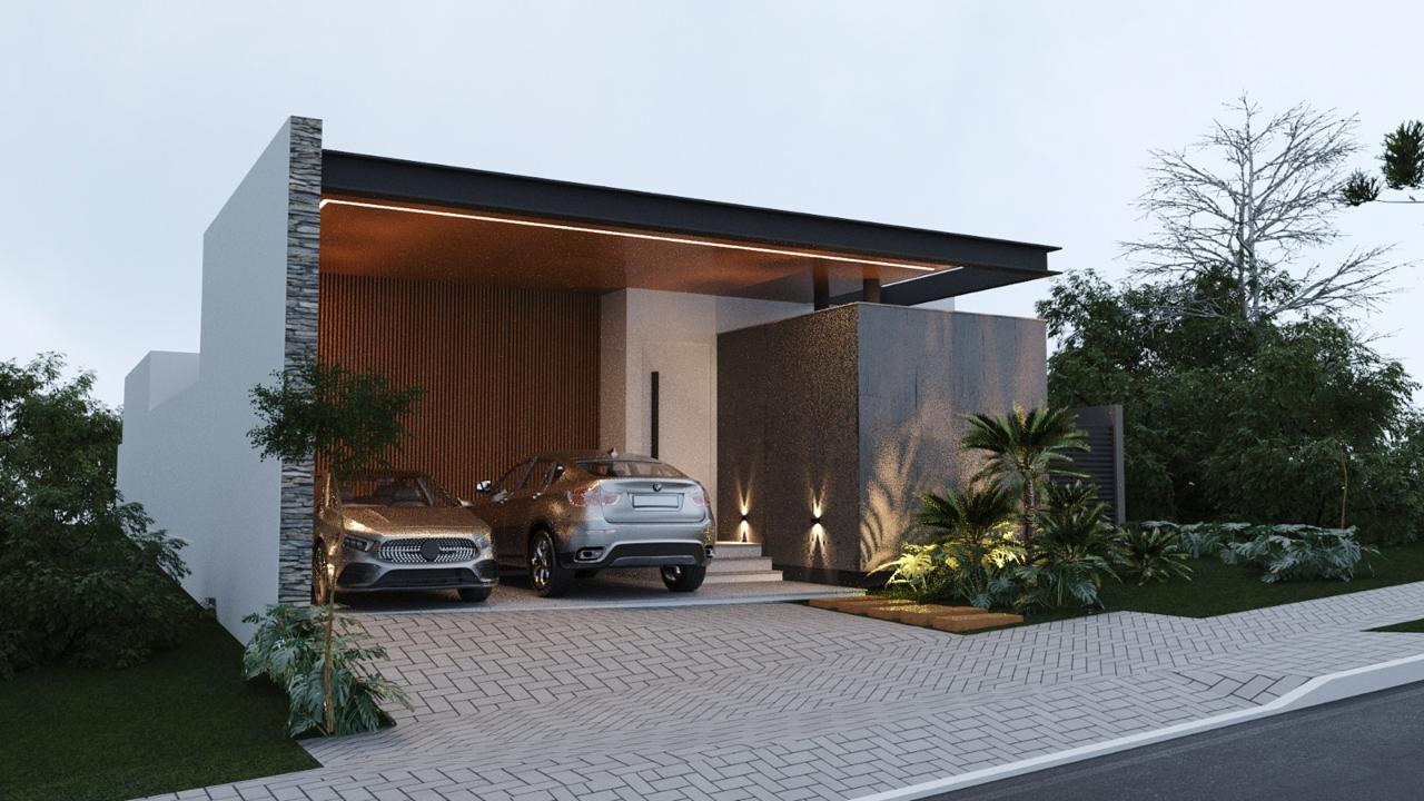Imagem de projeto da residência em Salvaterra, com cobertura plana, ripado de madeira e garagem para dois carros